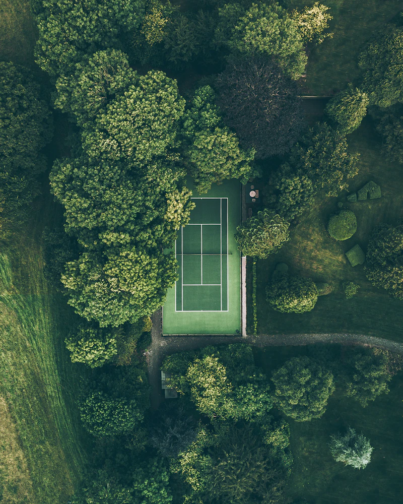 Aerial view of a tennis court surrounded by trees.